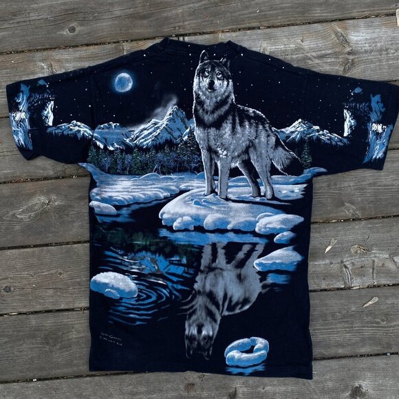 Vintage 1995 Liquid Blue T Shirt AOP Large John Connell Wolf Moon T Shirt AOP - Picture 7 of 10